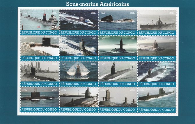 Congo 2017 Submarines of America perf sheetlet containing 16 values unmounted mint. Note this item is privately produced and is offered purely on its thematic appeal, stamps on , stamps on  stamps on ships, stamps on  stamps on submarines, stamps on  stamps on americana