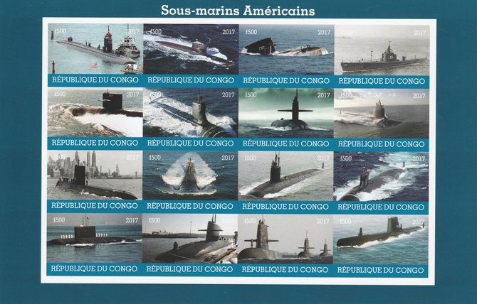 Congo 2017 Submarines of America imperf sheetlet containing 16 values unmounted mint. Note this item is privately produced and is offered purely on its thematic appeal, it has no postal validity, stamps on , stamps on  stamps on ships, stamps on  stamps on submarines, stamps on  stamps on americana