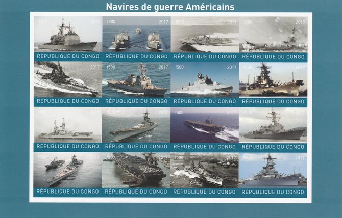 Congo 2017 Battle Ships of America imperf sheetlet containing 16 values unmounted mintNote this item is privately produced and is offered purely on its thematic appeal, it has no postal validity, stamps on ships, stamps on americana