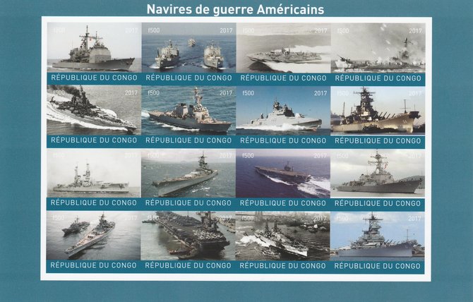 Congo 2017 Battle Ships of America imperf sheetlet containing 16 values unmounted mintNote this item is privately produced and is offered purely on its thematic appeal, it has no postal validity, stamps on , stamps on  stamps on ships, stamps on  stamps on americana