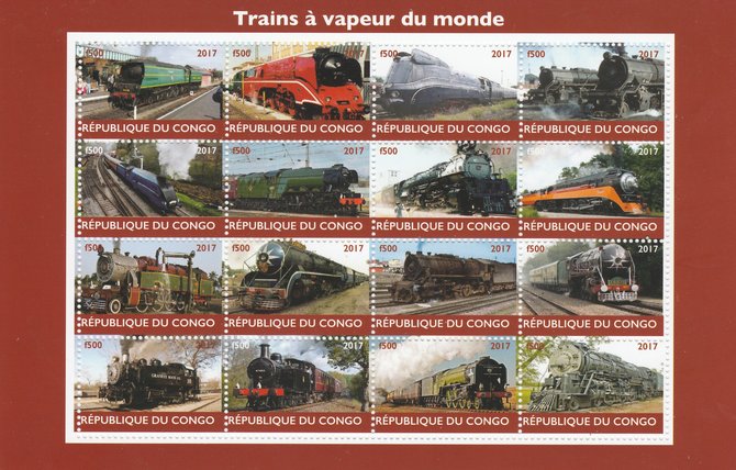 Congo 2017 Steam Trains of the World perf sheetlet containing 16 values unmounted mint. Note this item is privately produced and is offered purely on its thematic appeal, stamps on , stamps on  stamps on railways