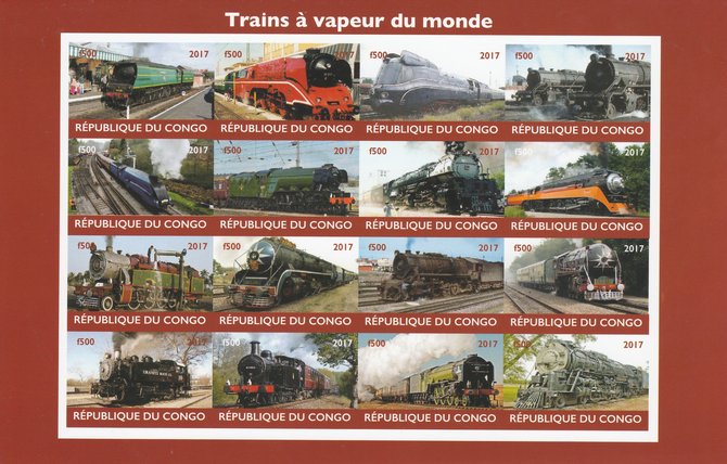 Congo 2017 Steam Trains of the World imperf sheetlet containing 16 values unmounted mint Note this item is privately produced and is offered purely on its thematic appeal..., stamps on railways