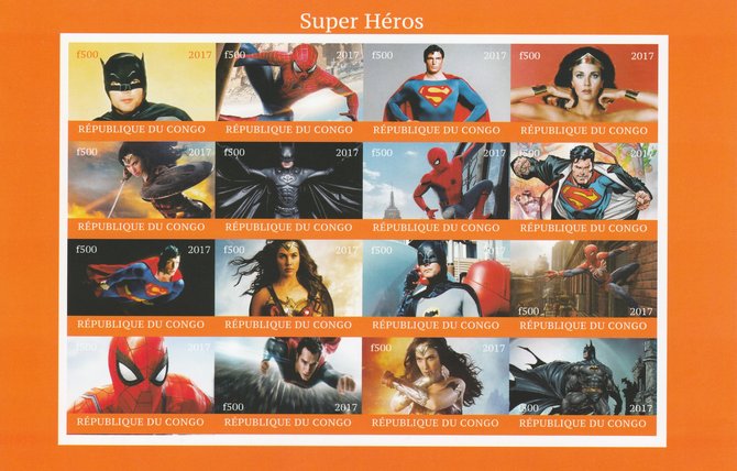 Congo 2017 Super Heroes imperf sheetlet containing 16 values unmounted mint (Superman, Batman, Spiderman & Wonder Woman) Note this item is privately produced and is offer...