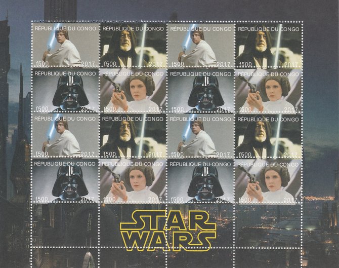 Congo 2017 Star Wars perf sheetlet containing 16 values (4 setenant blocks of 4) unmounted mint. Note this item is privately produced and is offered purely on its thematic appeal , stamps on , stamps on  stamps on films, stamps on  stamps on cinema, stamps on  stamps on movies, stamps on  stamps on sci-fi, stamps on  stamps on star wars