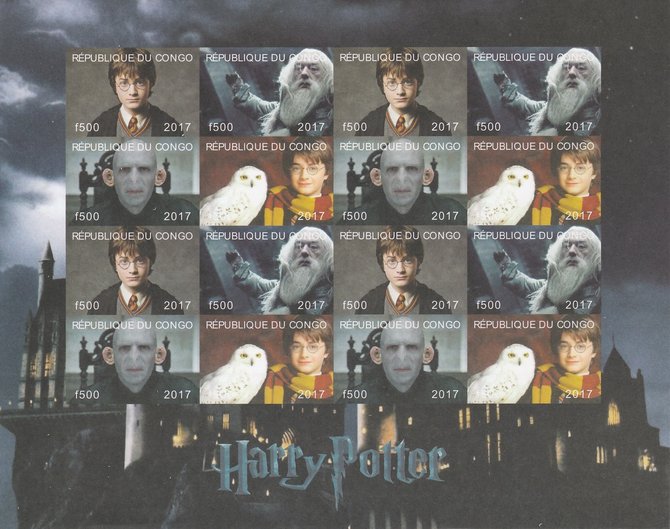 Congo 2017 Harry Potter #1 imperf sheetlet containing 16 values (4 setenant blocks of 4) unmounted mint Note this item is privately produced and is offered purely on its thematic appeal, it has no postal validity, stamps on , stamps on  stamps on films, stamps on  stamps on cinema, stamps on  stamps on movies, stamps on  stamps on sci-fi, stamps on  stamps on harry potter