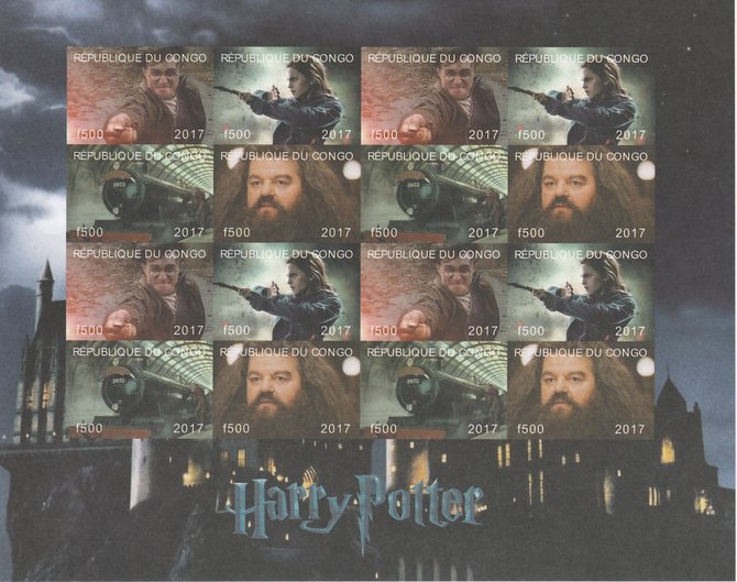 Congo 2017 Harry Potter #2 imperf sheetlet containing 16 values (4 setenant blocks of 4) unmounted mint Note this item is privately produced and is offered purely on its thematic appeal, it has no postal validity, stamps on films, stamps on cinema, stamps on movies, stamps on sci-fi, stamps on harry potter