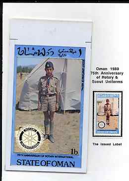 Oman 1980 75th Anniversary of Rotary - original artwork for 1b value (Scout Uniform of Nepal) comprising coloured illustration mounted on board with lettering on tracing-paper overlay, plus issued stamp, stamps on , stamps on  stamps on rotary, stamps on  stamps on scouts