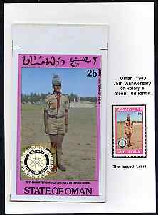 Oman 1980 75th Anniversary of Rotary - original artwork for 2b value (Scout Uniform of India) comprising coloured illustration mounted on board with lettering on tracing-..., stamps on rotary, stamps on scouts