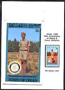 Oman 1980 75th Anniversary of Rotary - original artwork for 3b value (Scout Uniform of Singapore) comprising coloured illustration mounted on board with lettering on trac..., stamps on rotary, stamps on scouts