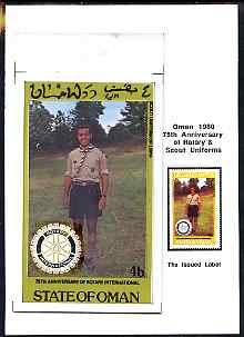 Oman 1980 75th Anniversary of Rotary - original artwork for 4b value (Scout Uniform of Libya) comprising coloured illustration mounted on board with lettering on tracing-paper overlay, plus issued stamp, stamps on , stamps on  stamps on rotary, stamps on  stamps on scouts