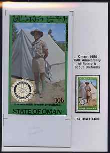 Oman 1980 75th Anniversary of Rotary - original artwork for 10b value (Scout Uniform of Greece) comprising coloured illustration mounted on board with lettering on tracin..., stamps on rotary, stamps on scouts