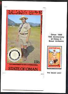 Oman 1980 75th Anniversary of Rotary - original artwork for 15b value (Scout Uniform of Guatemala) comprising coloured illustration mounted on board with lettering on tracing-paper overlay, plus issued stamp, stamps on , stamps on  stamps on rotary, stamps on  stamps on scouts