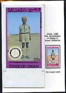 Oman 1980 75th Anniversary of Rotary - original artwork for 20b value (Scout Uniform of Sudan) comprising coloured illustration mounted on board with lettering on tracing-paper overlay, plus issued stamp, stamps on , stamps on  stamps on rotary, stamps on  stamps on scouts