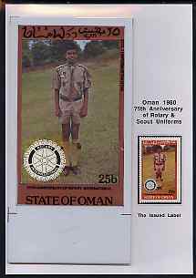 Oman 1980 75th Anniversary of Rotary - original artwork for 25b value (Scout Uniform of Pakistan) comprising coloured illustration mounted on board with lettering on tracing-paper overlay, plus issued stamp, stamps on , stamps on  stamps on rotary, stamps on  stamps on scouts
