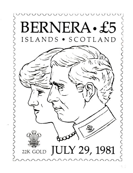 Bernera 1981 Royal Wedding originalmpen & ink artwork on white card showing Charles & Diana intended for the £5 stamp embossed in gold foil, image design 72 x 95 mm, stamps on royalty, stamps on charles, stamps on diana