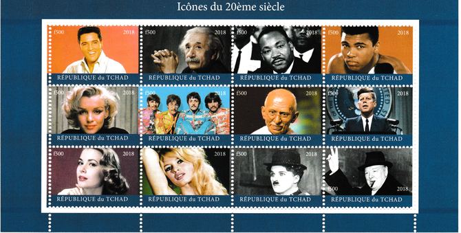 Chad 1018 Icons of 20th Century perf sheet containing 12 values unmounted mint. Note this item is privately produced and is offered purely on its thematic appeal. . 