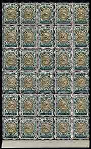 Iran 1909 Lion issue 2k brown, green & silver impressive reprint block of 30 (6x5) some split perfs & slight winkles but unmounted mint SG 346, stamps on , stamps on  stamps on cats, stamps on  stamps on lions