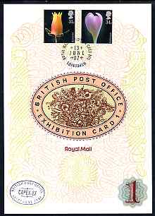 Great Britain 1987 Flower Photographs, the 31p & 34p values on Royal Mail Exhibition Card No.1 cancelled 13 June in Edinburgh plus special CAPEX cancellation with English text.