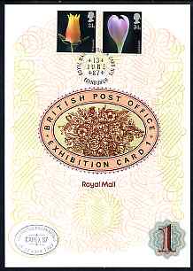 Great Britain 1987 Flower Photographs, the 31p & 34p values on Royal Mail Exhibition Card No.1 cancelled 13 June in Edinburgh plus special CAPEX cancellation with French ...