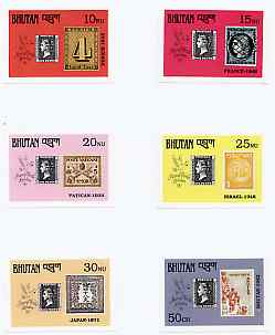 Bhutan 1990 150th Anniversary of Penny Black - 6 imperf values (10, 15, 20, 25, 30nu & 50ch) mounted in Folder entitled Your Proofs from the House of Questa, without endo..., stamps on stamp centenary, stamps on stamp on stamp, stamps on stamp exhibitions, stamps on stamponstamp