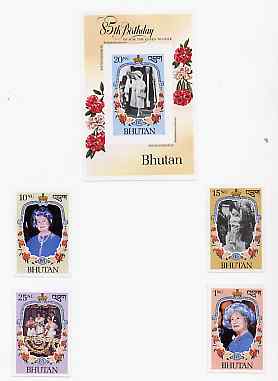 Bhutan 1985 Queen Mothers 85th Birthday set of 4 imperf essays plus m/sheet mounted in Folder entitled Your Proofs from the House of Questa, without endorsements as this ..., stamps on royalty, stamps on queen mother