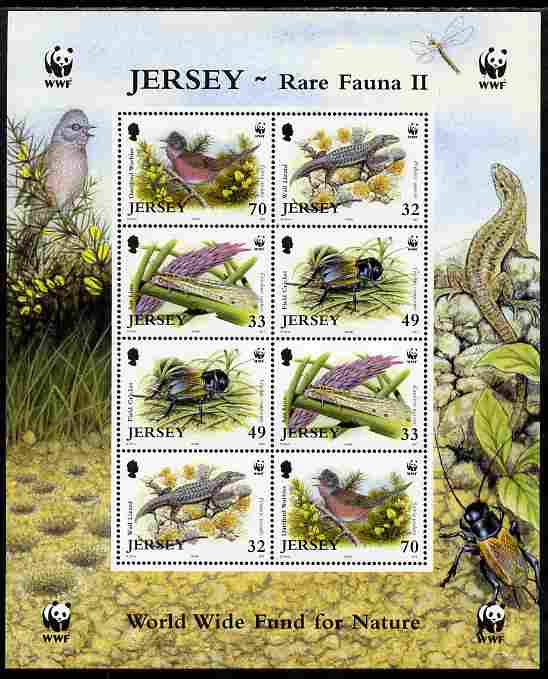Jersey 2004 WWF - Endangered Species perf sheetlet containing 8 values ( two sets of 4) unmounted mint as SG MS 1162, stamps on , stamps on  stamps on , stamps on  stamps on  wwf , stamps on  stamps on animals, stamps on  stamps on reptiles, stamps on  stamps on lizards, stamps on  stamps on birds, stamps on  stamps on insects