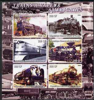 Congo 2005 American Steam Trains imperf sheetlet containing set of 6 unmounted mint, stamps on , stamps on  stamps on railways