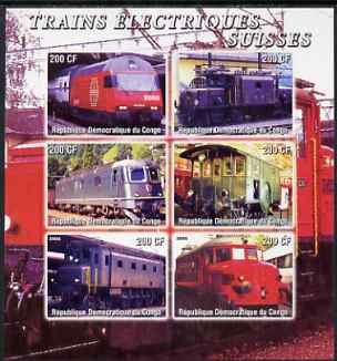 Congo 2005 Swiss Electric Trains imperf sheetlet containing set of 6 unmounted mint, stamps on , stamps on  stamps on railways