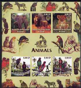 Congo 2005 Animals & Birds imperf sheetlet containing 6 values each with Scouts Logo unmounted mint, stamps on birds, stamps on animals, stamps on lions, stamps on cats, stamps on elephants, stamps on parrots, stamps on scouts
