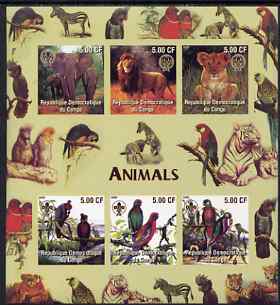 Congo 2005 Animals & Birds imperf sheetlet containing 6 values each with Scouts Logo unmounted mint, stamps on , stamps on  stamps on birds, stamps on  stamps on animals, stamps on  stamps on lions, stamps on  stamps on cats, stamps on  stamps on elephants, stamps on  stamps on parrots, stamps on  stamps on scouts