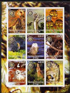 Congo 2002 Owls imperf sheetlet containing 9 values each with Rotary Logo unmounted mint, stamps on , stamps on  stamps on birds, stamps on  stamps on birds of prey, stamps on  stamps on owls, stamps on  stamps on rotary