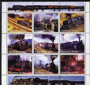 Mali 1998 Steam Locomotives perf sheetlet containing 9 values unmounted mint, stamps on , stamps on  stamps on railways