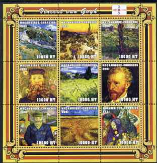 Mozambique 2001 Paintings by Vincent Van Gogh perf sheetlet containing 9 values unmounted mint with Amphilex Imprint (9 x 10,000 MT) Mi 2043-51, Sc 1488, stamps on , stamps on  stamps on arts, stamps on  stamps on van gogh, stamps on  stamps on stamp exhibitions