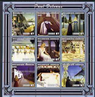 Mozambique 2001 Paintings by Paul Delvaux perf sheetlet containing 9 values unmounted mint (9 x 10,000 MT) Mi 2025-33, Sc 1483, stamps on , stamps on  stamps on arts, stamps on  stamps on delvaux, stamps on  stamps on 