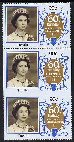 Tuvalu 1986 Queen's 60th Birthday 90c unmounted mint strip of 3, centre stamp imperf on 3 sides due to comb jump SG 382var (UH A335), stamps on , stamps on  stamps on royalty, stamps on  stamps on 60th birthday