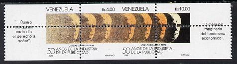 Venezuela 1988 Publicity Industry 50th Anniversary se-tenant pair with vert & horiz perfs grossly misplaced (stamps quartered) as SG 2762-3 , stamps on business  industry