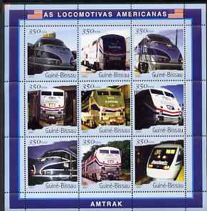 Guinea - Bissau 2001 Locomotives - Amtrak perf sheetlet containing 9 values (350 FCFA) unmounted mint Mi 1800-08, stamps on , stamps on  stamps on railways