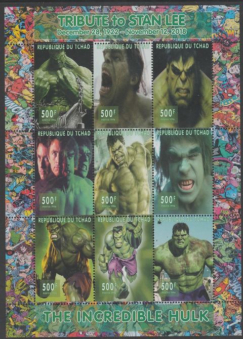 Chad 2018 Tribute to Stan Lee - Incredible Hulk perf sheetlet containing 9 values unmounted mint. Note this item is privately produced and is offered purely on its thematic appeal., stamps on fulms, stamps on  tv , stamps on  cinema, stamps on movis, stamps on 