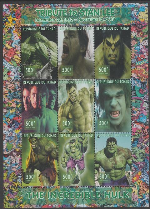 Chad 2018 Tribute to Stan Lee - Incredible Hulk perf sheetlet containing 9 values unmounted mint. Note this item is privately produced and is offered purely on its themat..., stamps on fulms, stamps on  tv , stamps on  cinema, stamps on movis, stamps on 