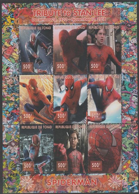 Chad 2018 Tribute to Stan Lee - Spiderman perf sheetlet containing 9 values unmounted mint. Note this item is privately produced and is offered purely on its thematic appeal., stamps on , stamps on  stamps on fulms, stamps on  stamps on  tv , stamps on  stamps on  cinema, stamps on  stamps on movis, stamps on  stamps on 
