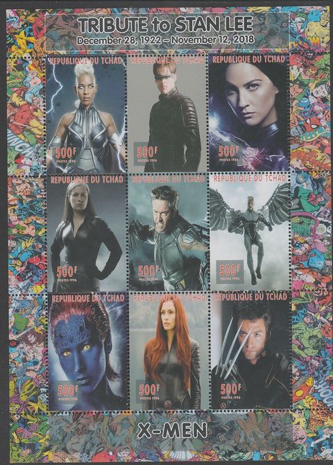 Chad 2018 Tribute to Stan Lee - X-Men perf sheetlet containing 9 values unmounted mint. Note this item is privately produced and is offered purely on its thematic appeal., stamps on , stamps on  stamps on fulms, stamps on  stamps on  tv , stamps on  stamps on  cinema, stamps on  stamps on movis, stamps on  stamps on 