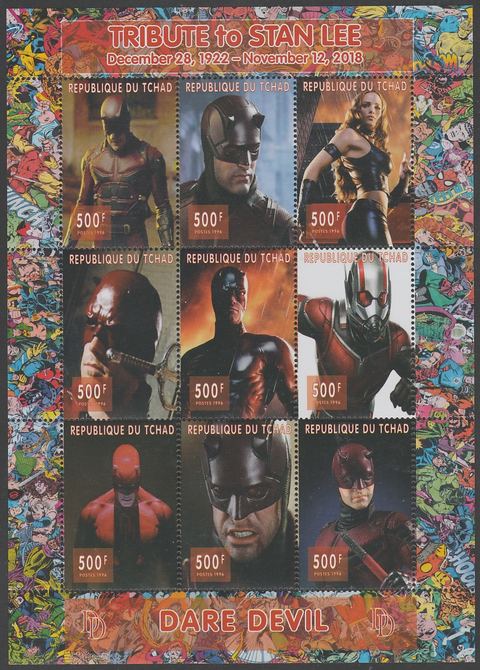 Chad 2018 Tribute to Stan Lee - Dare Fevil perf sheetlet containing 9 values unmounted mint. Note this item is privately produced and is offered purely on its thematic ap..., stamps on fulms, stamps on  tv , stamps on  cinema, stamps on movis, stamps on 