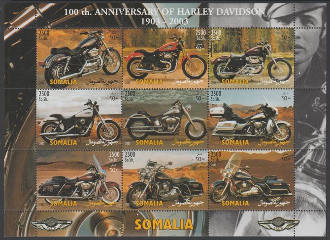 Somalia 2003 Harley Davidson Motorcycles perf sheetlet containing 9 values unmounted mint. Note this item is privately produced and is offered purely on its thematic appeal. . , stamps on , stamps on  stamps on motorbikes, stamps on  stamps on harley davidson
