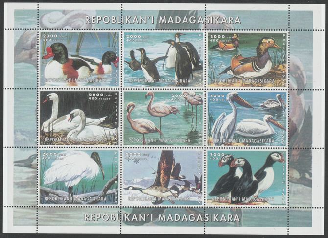 Madagascar 1999 Birds perf sheetlet containing complete set of 9 values unmounted mint. Note this item is privately produced and is offered purely on its thematic appeal, it has no postal validity, stamps on , stamps on  stamps on birds, stamps on  stamps on ducks, stamps on  stamps on penguins, stamps on  stamps on swans, stamps on  stamps on flamingoes, stamps on  stamps on puffins