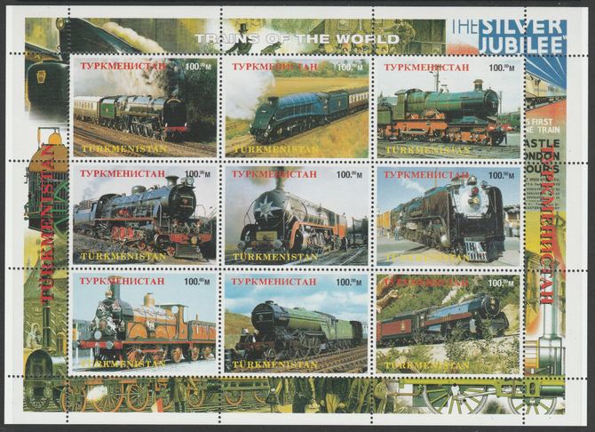 Turkmenistan 1999? Steam Locomotives of the World perf sheetlet containing complete set of 9 values unmounted mint. Note this item is privately produced and is offered purely on its thematic appeal, it has no postal validity, stamps on , stamps on  stamps on railways