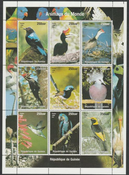 Guinea - Conakry 1998 Animals of the World #1 - Birds perf sheetlet containing 9 values unmounted mint. Note this item is privately produced and is offered purely on its thematic appeal, it has no postal validity, stamps on , stamps on  stamps on birds, stamps on parrots, stamps on  stamps on woodpeckers