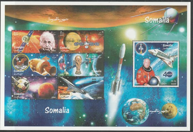 Somalia 1999 Space perf sheetlet containing 7 values unmounted mint. Note this item is privately produced and is offered purely on its thematic appeal, it has no postal validity, stamps on , stamps on  stamps on space, stamps on  stamps on einstein, stamps on  stamps on apollo, stamps on  stamps on concorde, stamps on  stamps on shuttle