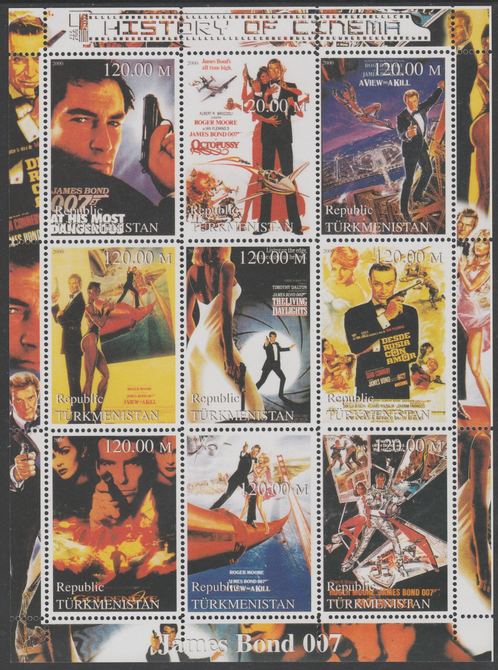 Turkmenistan 2000 History of the Cinema - James Bond perf sheetlet containing 9 values unmounted mint. Note this item is privately produced and is offered purely on its t..., stamps on films, stamps on movies, stamps on cinema, stamps on james bond, stamps on  spy , stamps on 