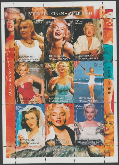 Madagascar 1999 History of the American Cinema - Marilyn Monroe perf sheetlet containing 9 values unmounted mint. Note this item is privately produced and is offered purely on its thematic appeal, it has no postal validity, stamps on , stamps on  stamps on films, stamps on  stamps on movies, stamps on  stamps on cinema, stamps on  stamps on marilyn monroe