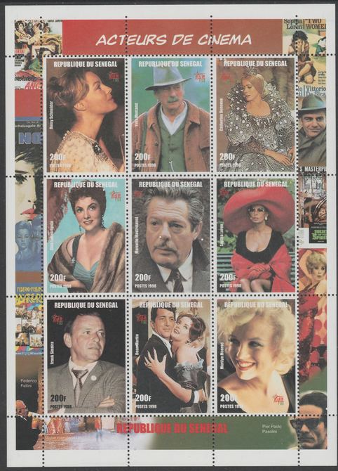 Senegal 1998 Movie Actors perf sheetlet containing 9 values unmounted mint. Note this item is privately produced and is offered purely on its thematic appeal, it has no postal validity, stamps on , stamps on  stamps on films, stamps on  stamps on movies, stamps on  stamps on cinema, stamps on  stamps on marilyn monroe, stamps on  stamps on sinatra